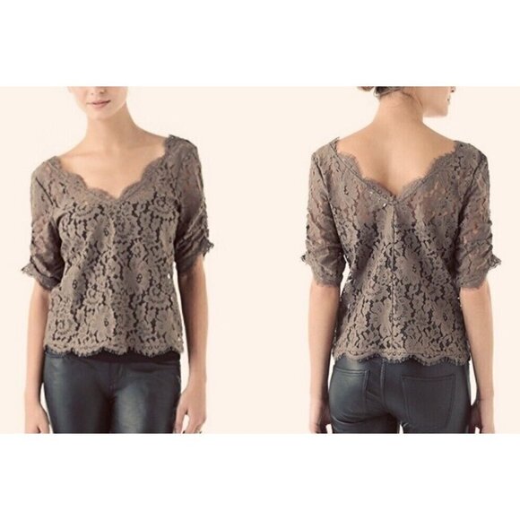 Joie Sz S Olive Brown Deep V Sheer Scalloped Eyelash Lace Top Blouse Ruched - Picture 1 of 12